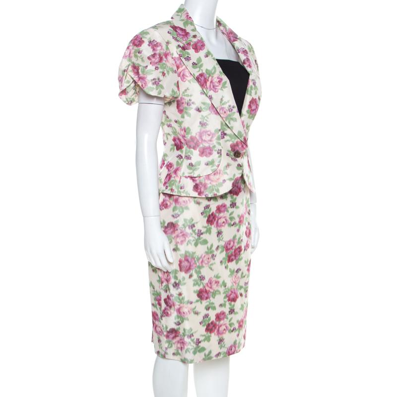 Christian Dior Beige Floral Print Silk Skirt Suit L In Good Condition In Dubai, Al Qouz 2