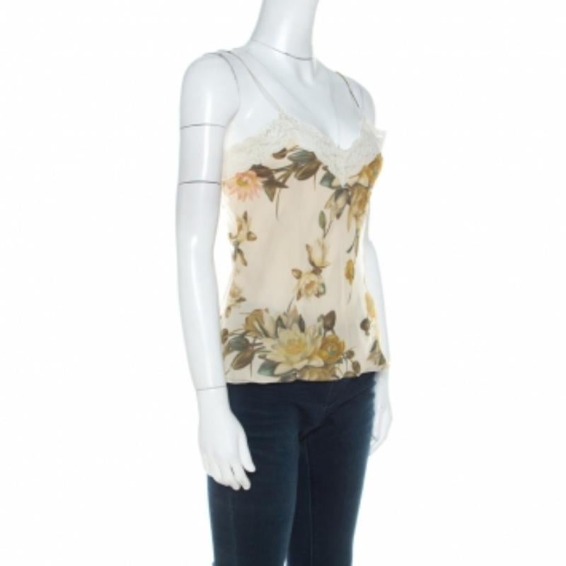 Christian Dior - Top a canotta in pizzo di seta floreale beige M in vendita 1