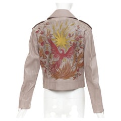 CHRISTIAN DIOR – Beigefarbene Bikerjacke aus handbemaltem Ziegenleder mit Phoenix-Motiv und Reißverschluss, Größe FR38 M