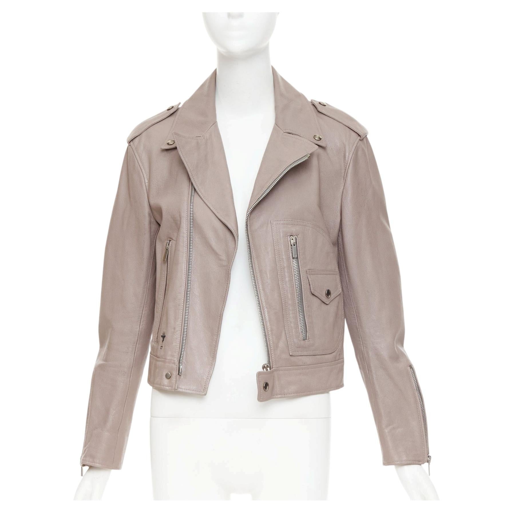 Veste de motard Christian Dior en cuir de chèvre beige, motif Phoenix peint à la main, fermeture à glissière, taille FR38, M