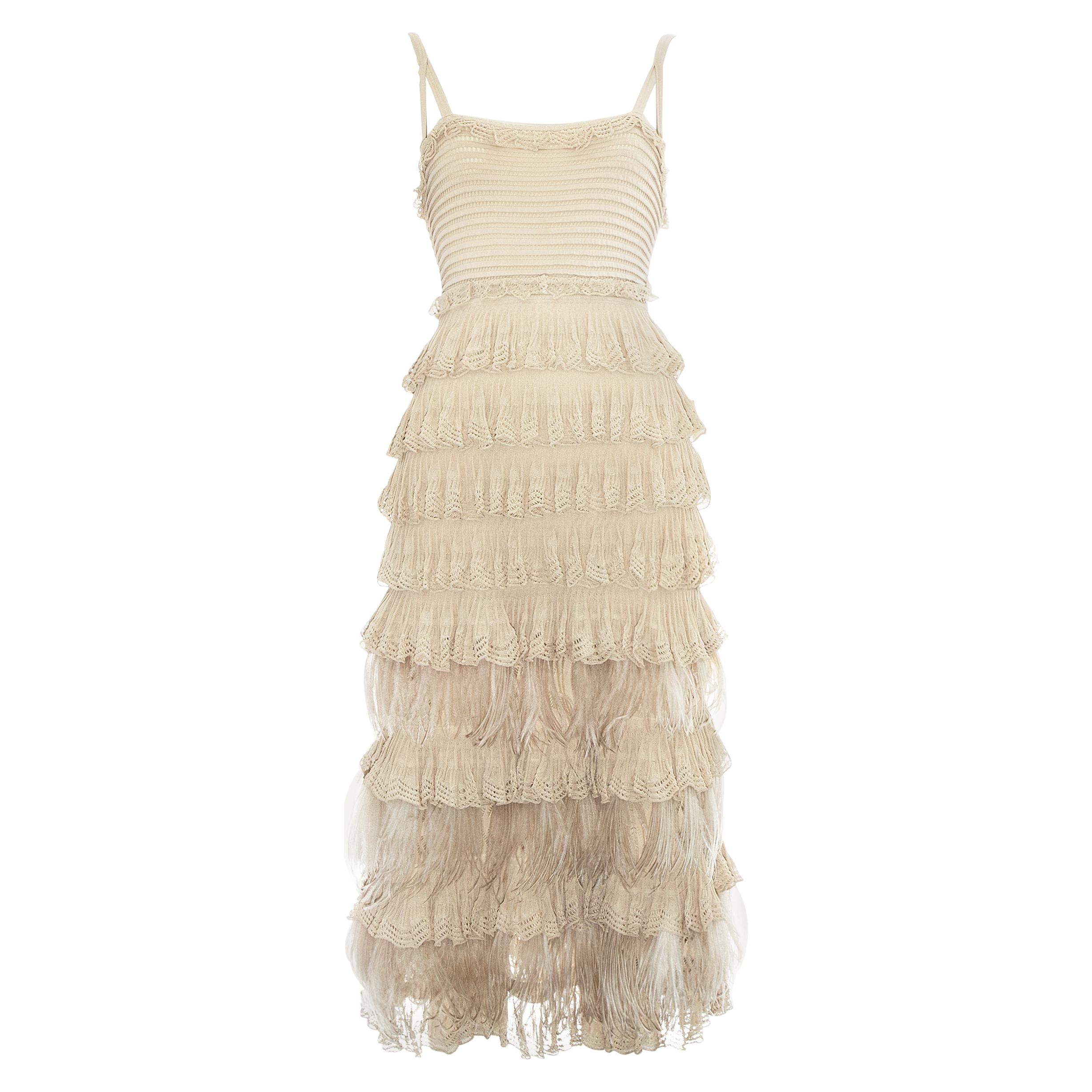 Christian Dior beige knitted ruffled dress with ostrich feathers, fw 2011
