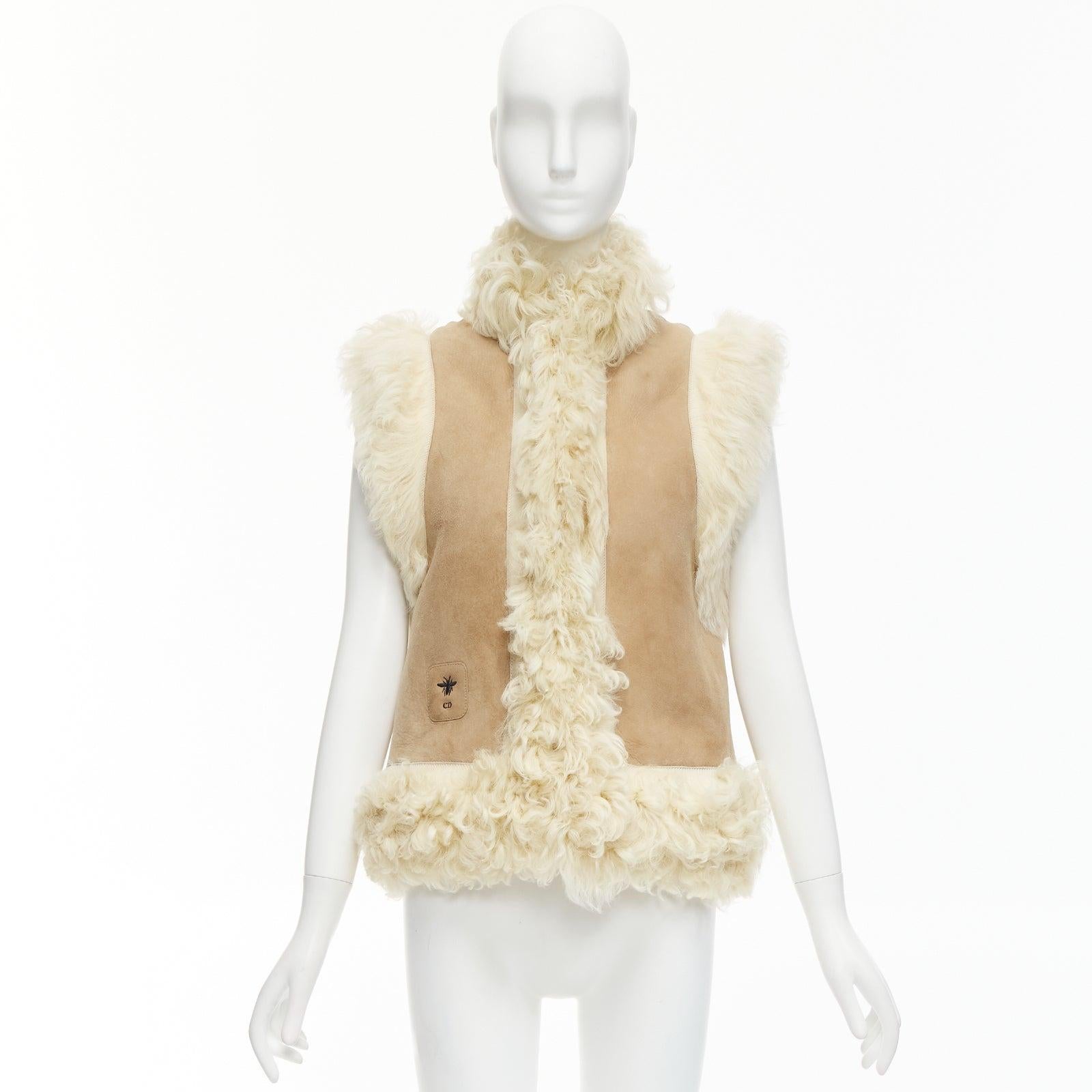 CHRISTIAN DIOR beige lambskin shearling fur CD bee logo vest jacket FR34 XS 6