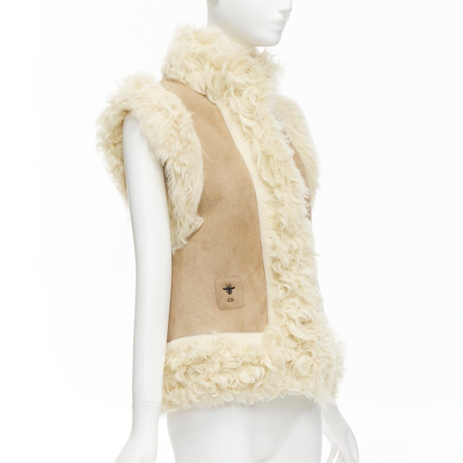 Women's CHRISTIAN DIOR beige lambskin shearling fur CD bee logo vest jacket FR34 XS