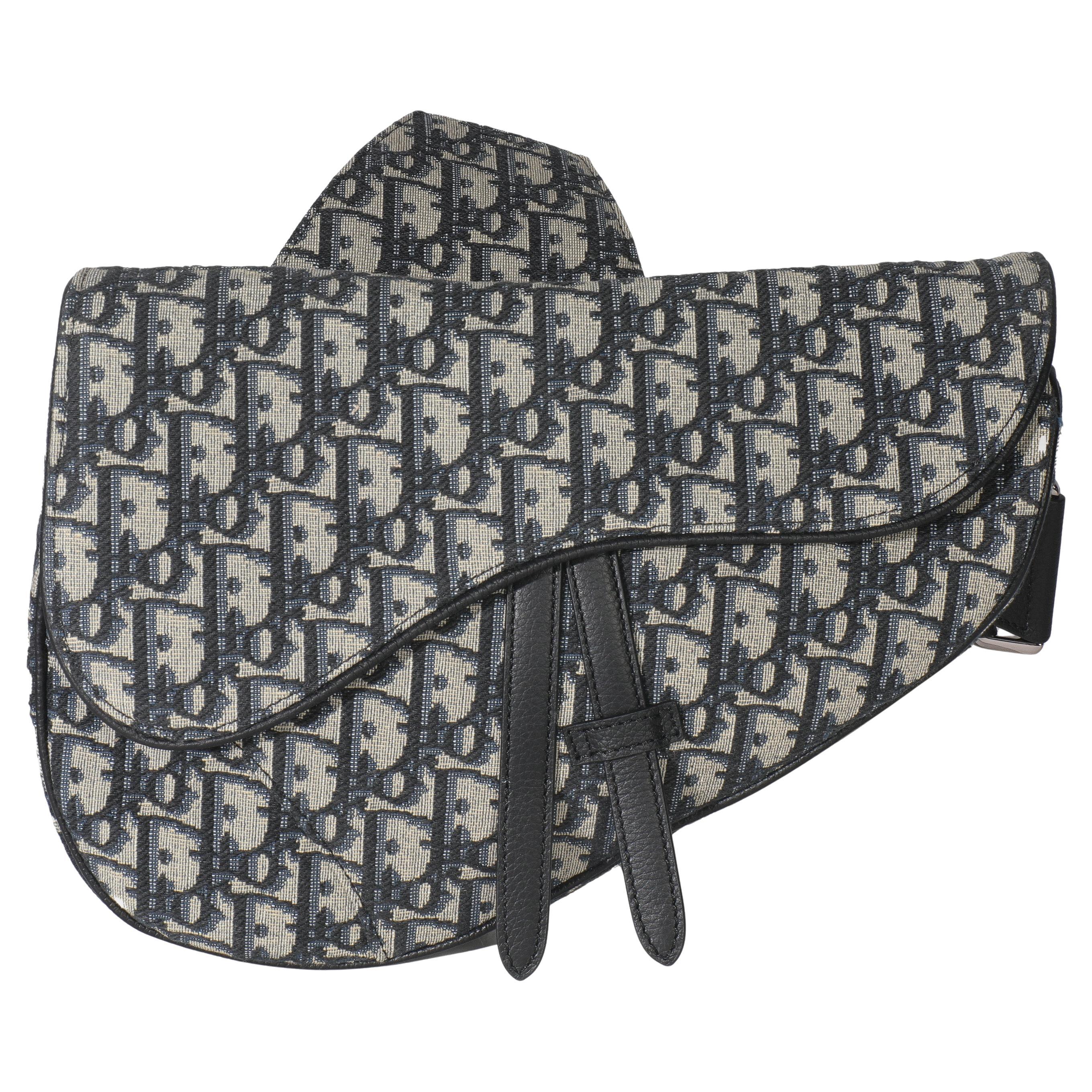 Christian Dior Beige Navy Jacquard Canvas Saddle Bag