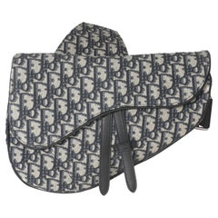 Christian Dior Beige Navy Jacquard Canvas Saddle Bag