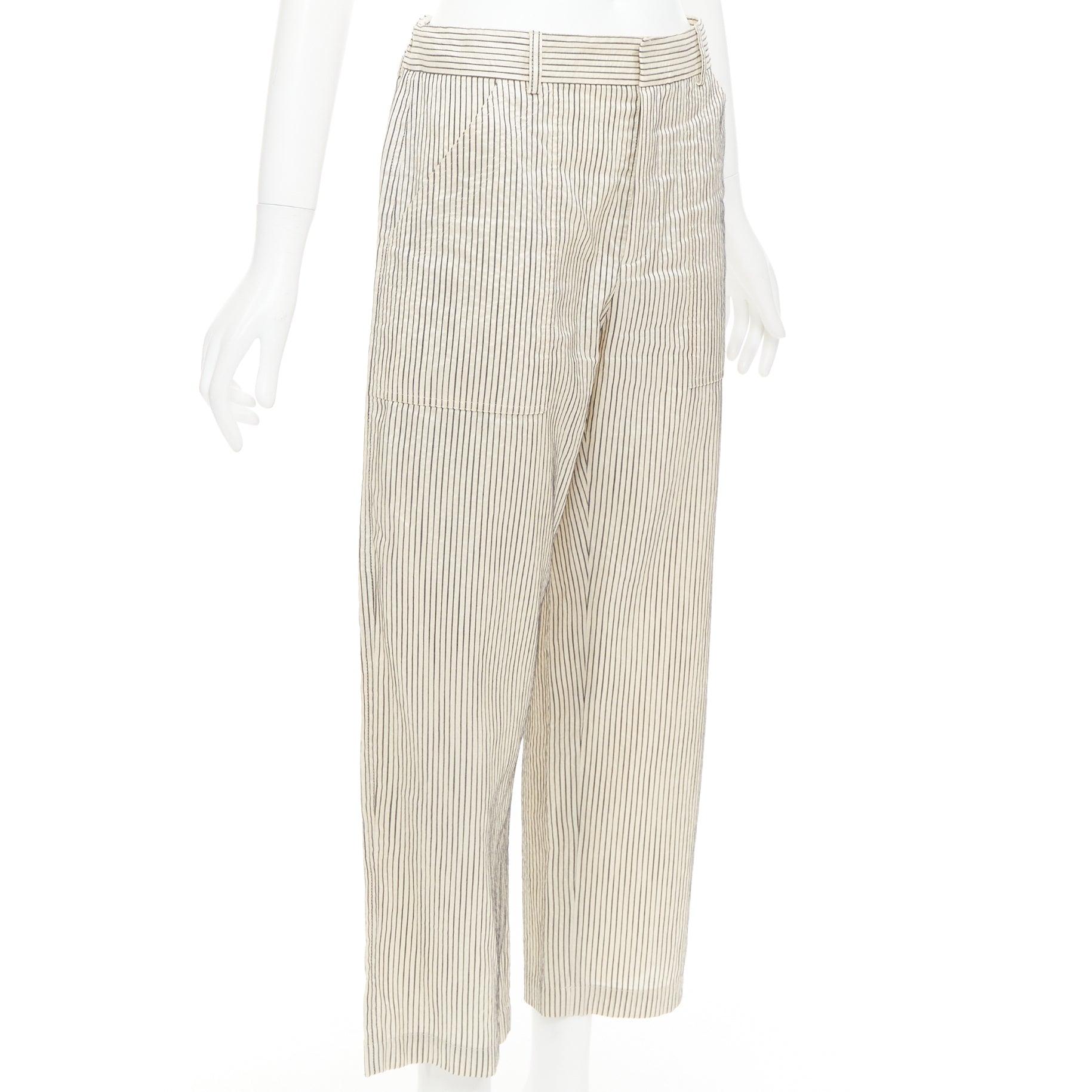 CHRISTIAN DIOR Pantalones anchos a rayas de algodón y seda beige marino FR36 S Beige en venta