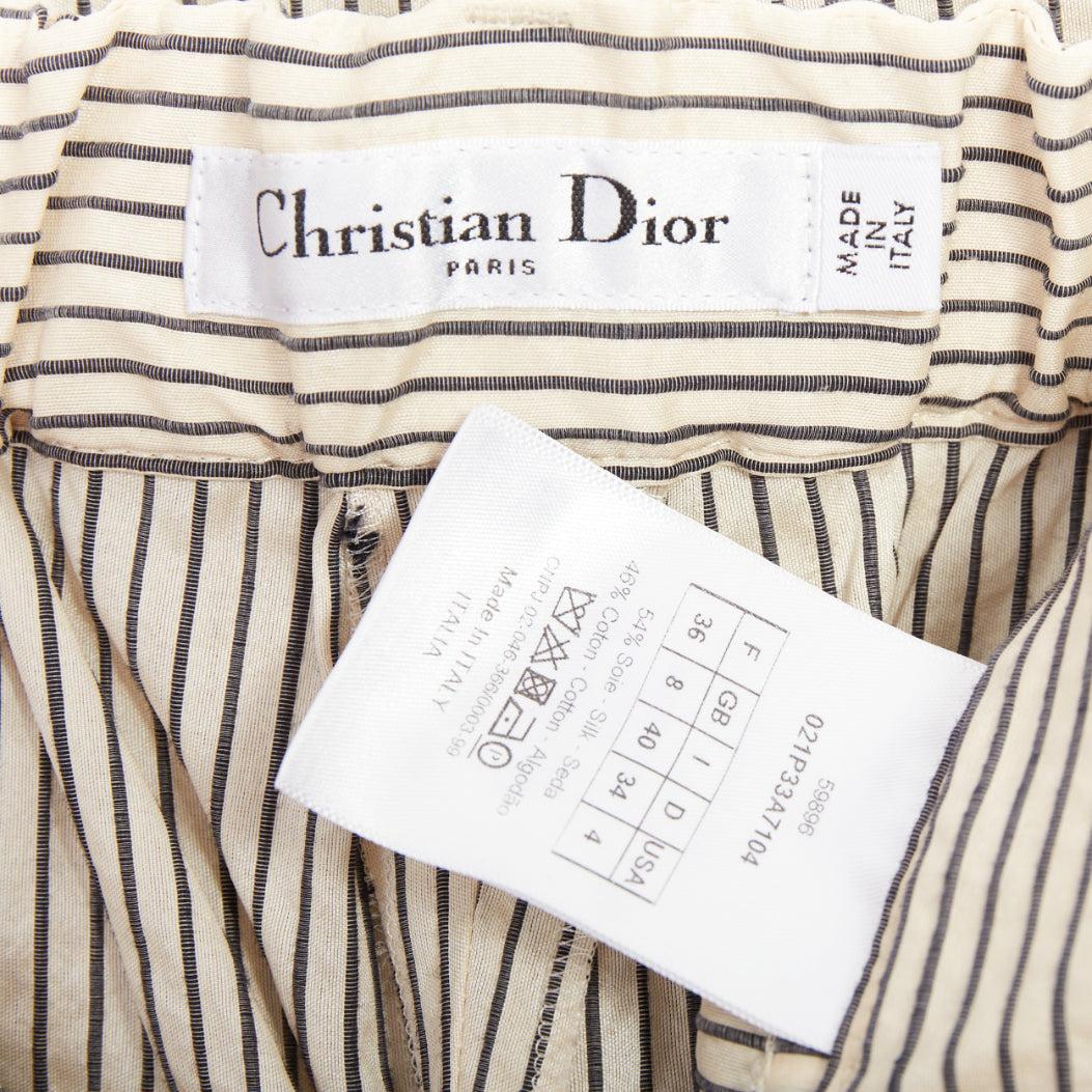 CHRISTIAN DIOR Pantalones anchos a rayas de algodón y seda beige marino FR36 S en venta 3