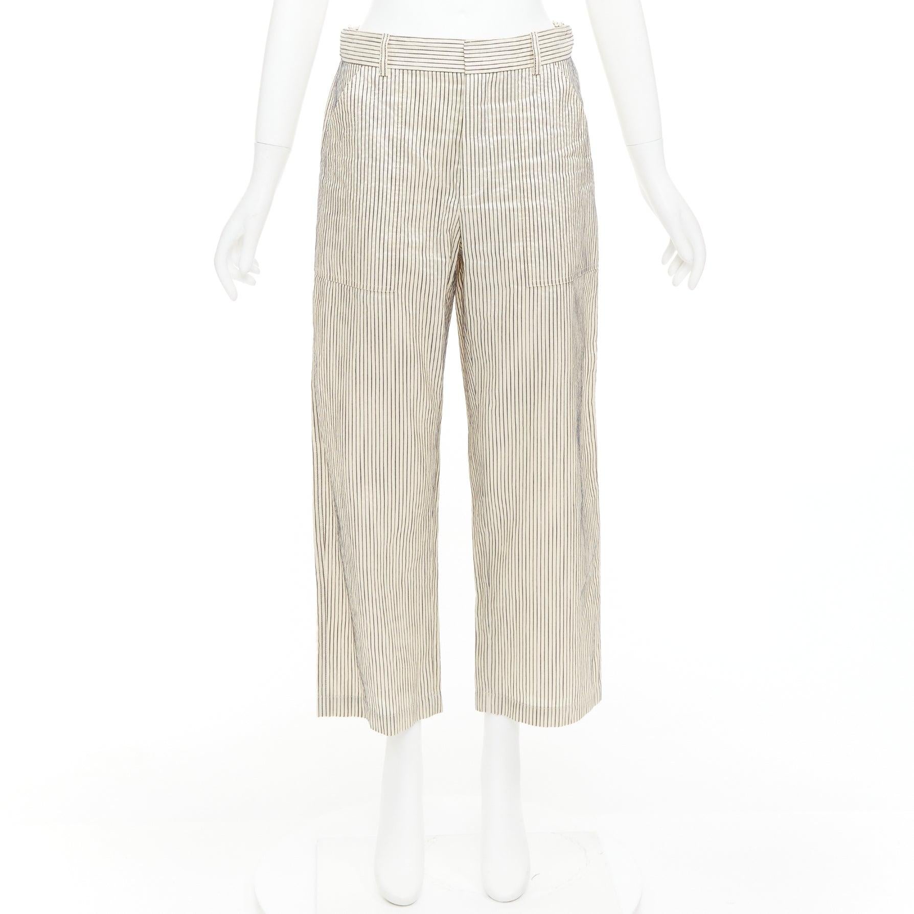 CHRISTIAN DIOR Pantalones anchos a rayas de algodón y seda beige marino FR36 S en venta 4
