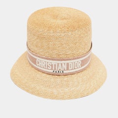 Christian Dior Beige/Pink Straw Logo Band Detail Dioresort Hat Size 57