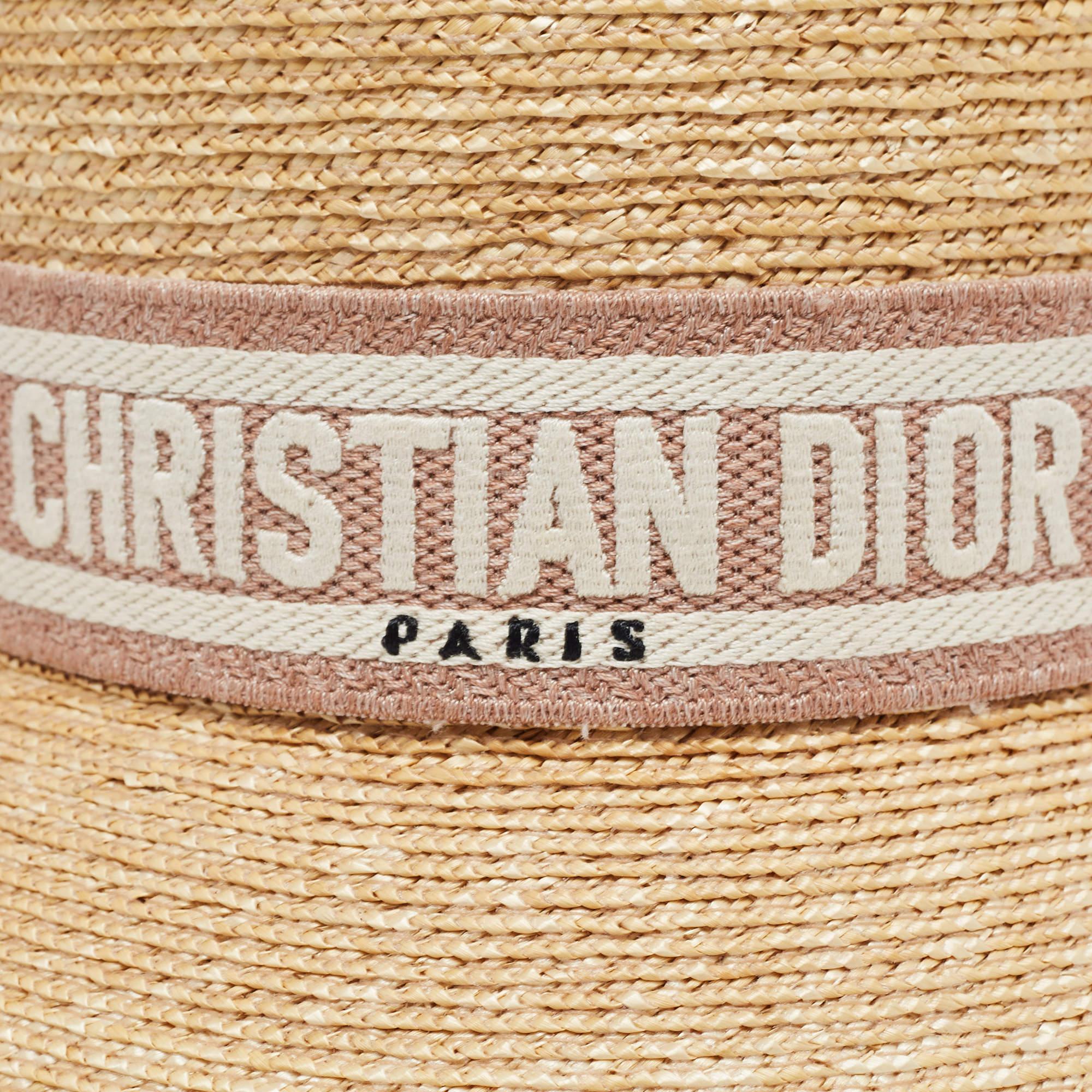 Christian Dior Beige/Pink Straw Logo Band Detail Dioresort Hat Size 57 1