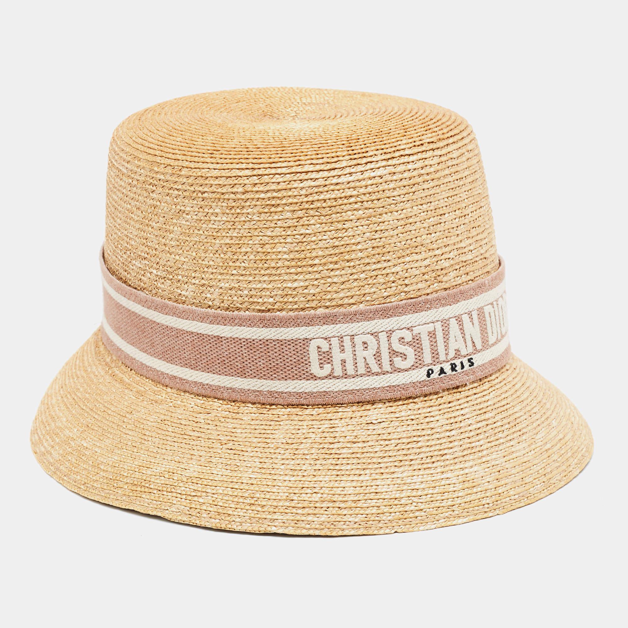 Christian Dior Beige/Pink Straw Logo Band Detail Dioresort Hat Size 57 2