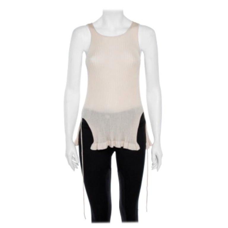 Christian Dior Top sin mangas de punto de canalé beige con detalle de lazo delantero S