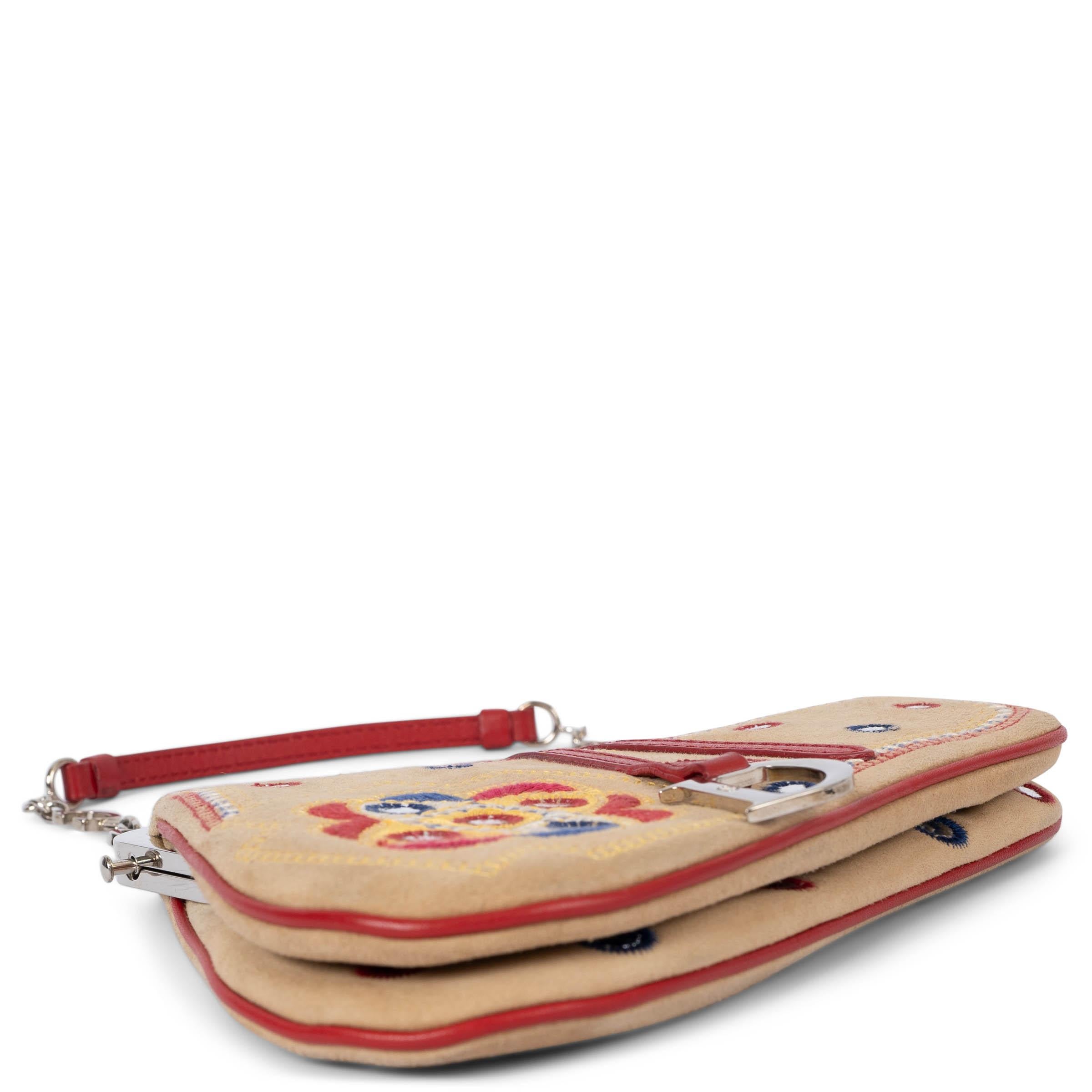 Women's CHRISTIAN DIOR beige suede 2003 EMBROIDERED MINI SADDLE Bag LTD ED