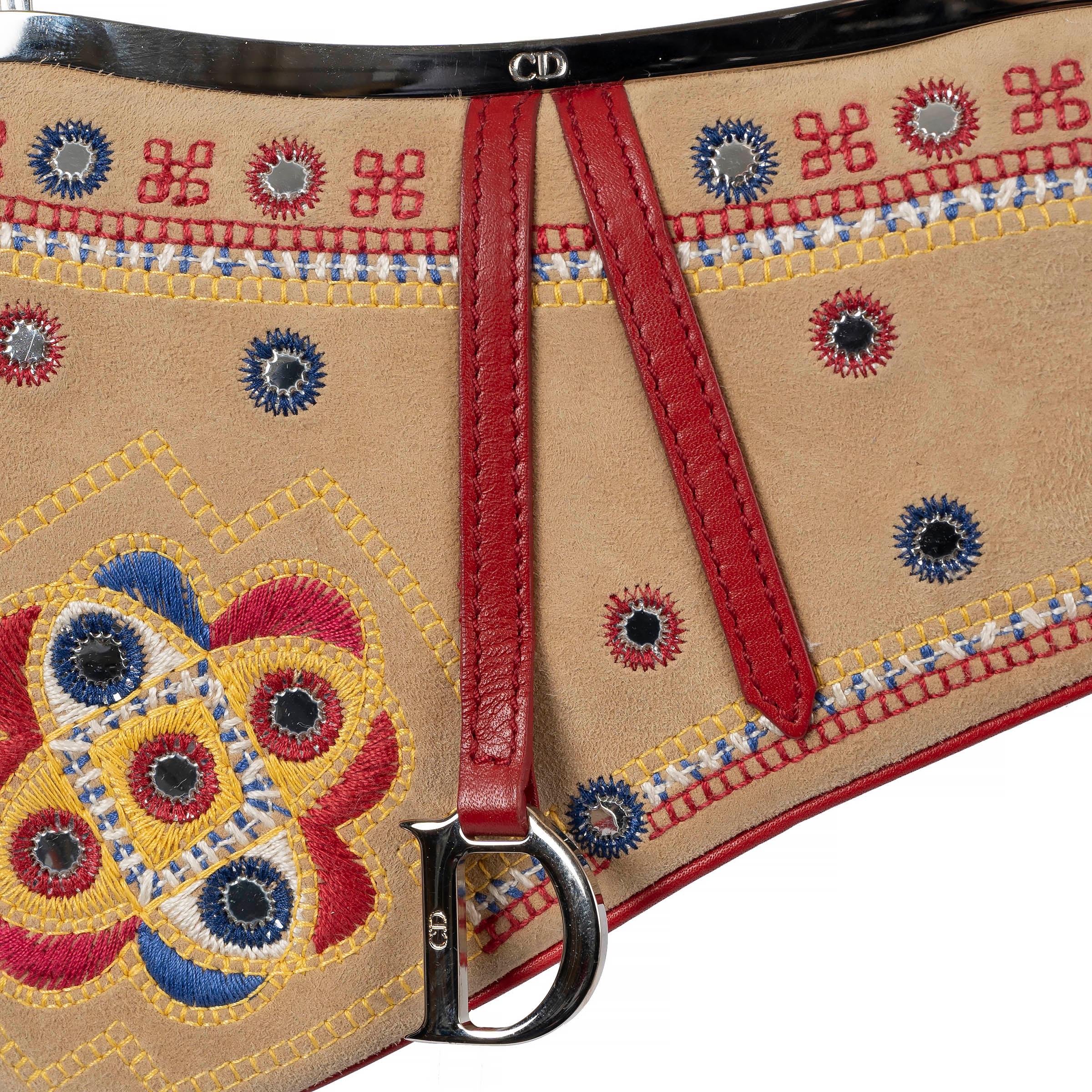 CHRISTIAN DIOR beige suede 2003 EMBROIDERED MINI SADDLE Bag LTD ED 2