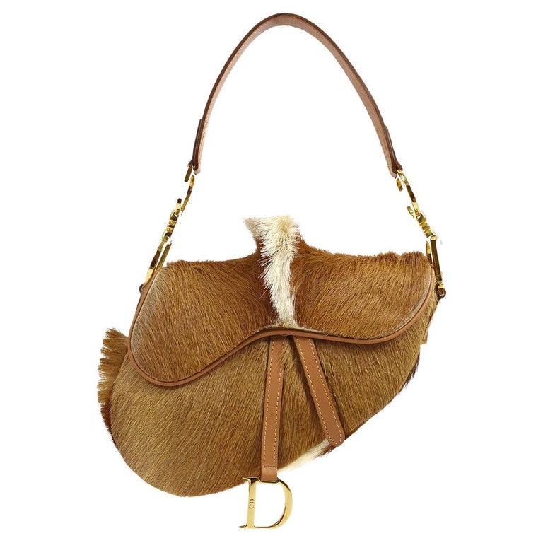 Christian Dior Beige Tan Cognac Gold Ponyhair Top Handle Saddle