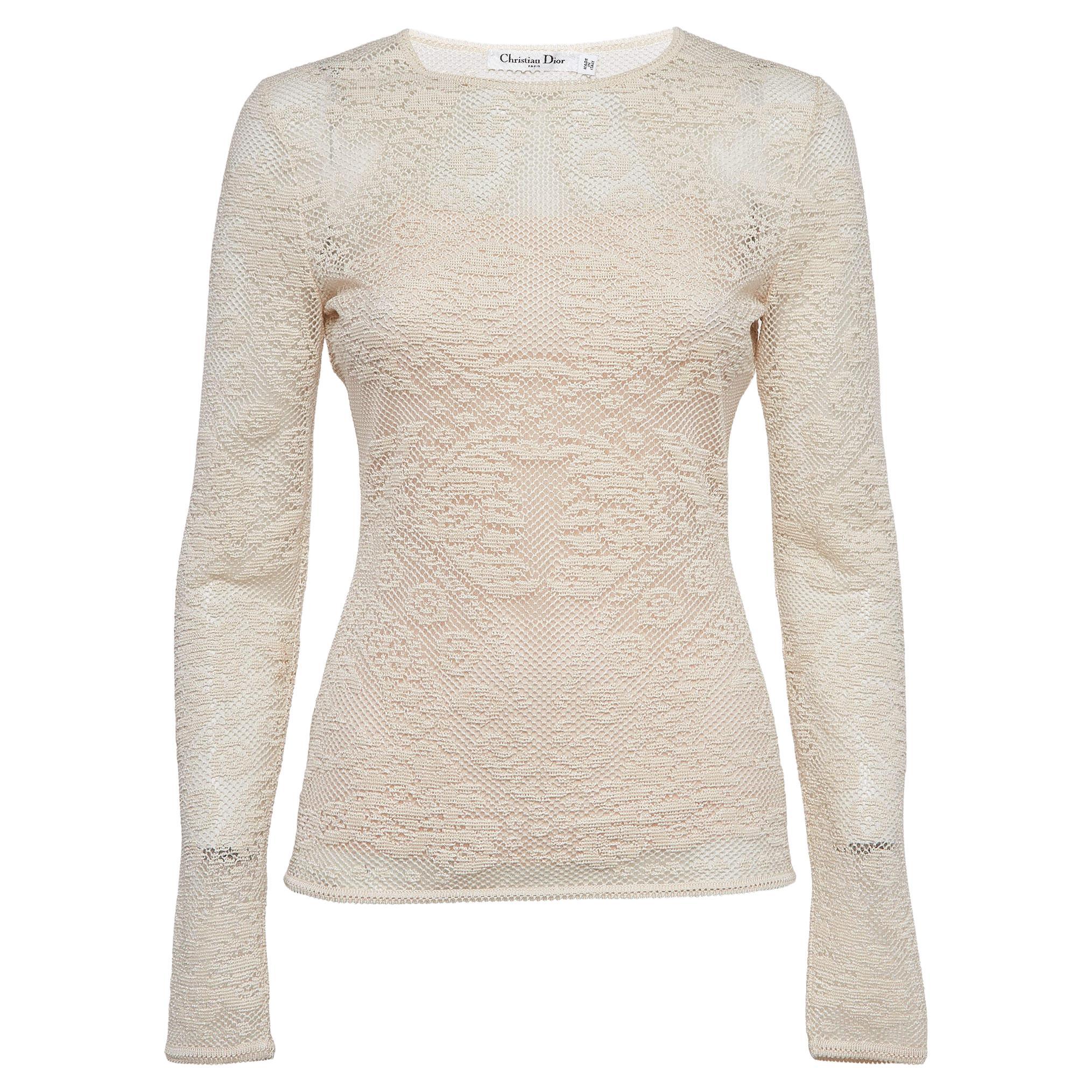 Christian Dior Beige Tulle and Crochet Emi Sheer Top M For Sale