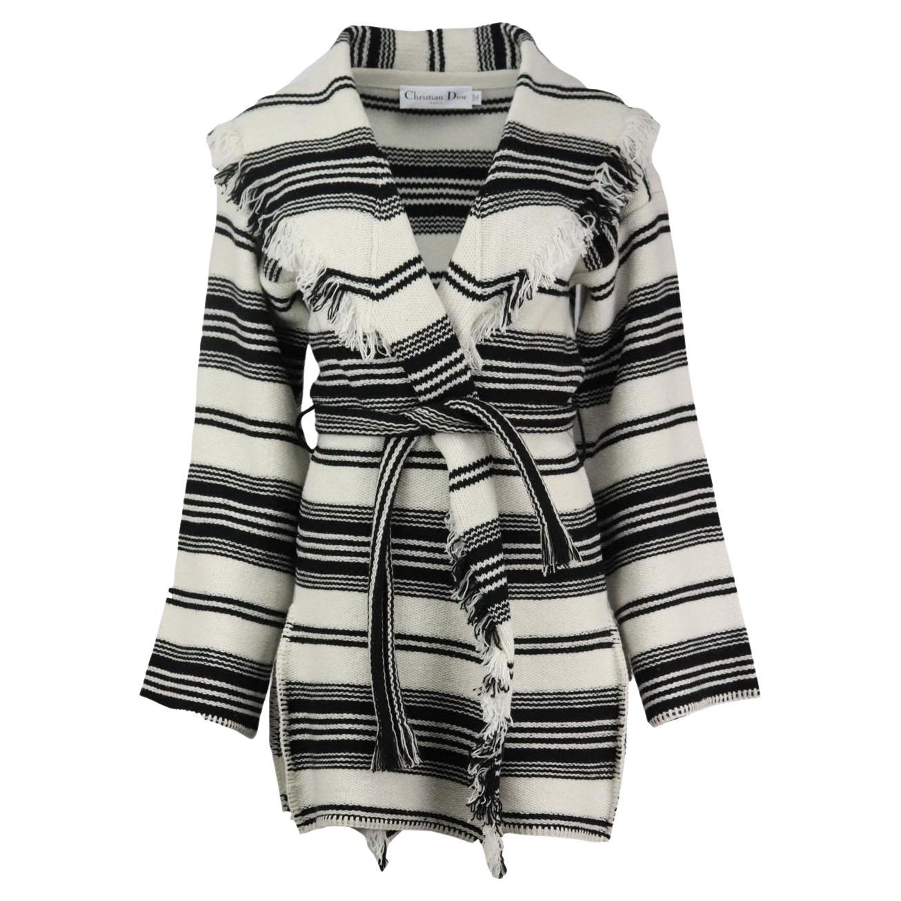 Christian Dior Belted Fringed Striped Wool Cardigan FR 40 UK 12