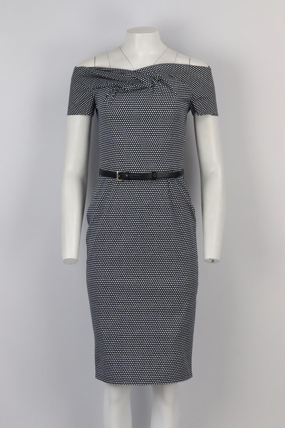 Christian Dior belted off the shoulder printed stretch cotton midi dress. Navy and white. Short sleeve, off-the-shoulder. Zip fastening at back. 97% Cotton, 3% elastane; lining: 75% cotton, 17% polyamide, 8% elastane. Size: FR 38 (UK 10, US 6, IT