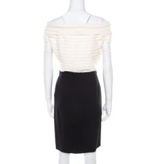 Christian Dior Bicolor Pleated Silk Bodice Off Shoulder Pencil Dress L