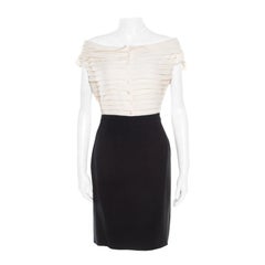 Christian Dior Bicolor Pleated Silk Bodice Off Shoulder Pencil Dress L