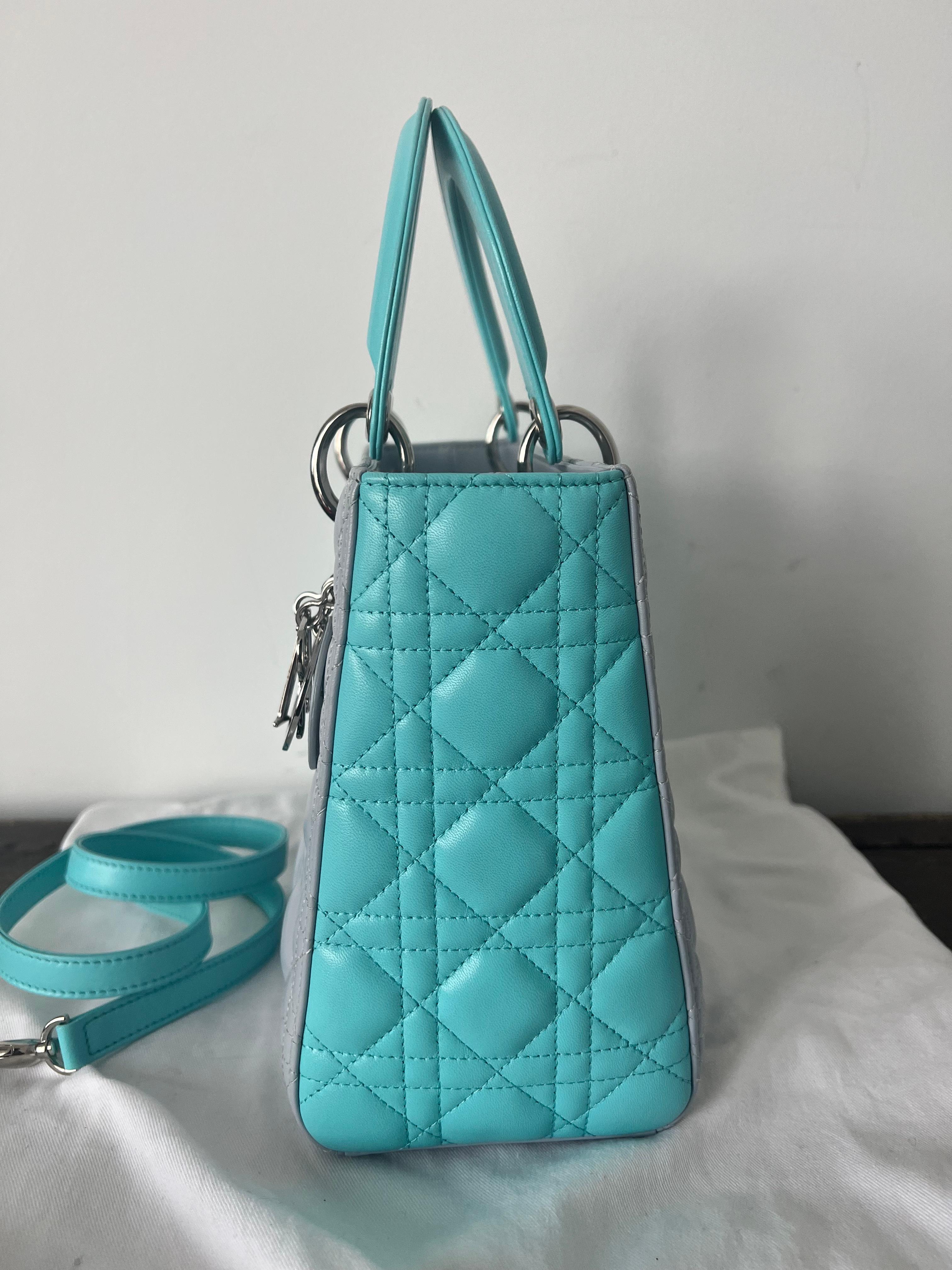 Die von Ihnen beschriebene zweifarbige Tasche von Lady Dior scheint ein exquisites und gut gepflegtes Accessoire zu sein. Hier ist eine Aufschlüsselung der Funktionen:

Zweifarbiges Design:
Die Kombination von Grau und Blau suggeriert eine