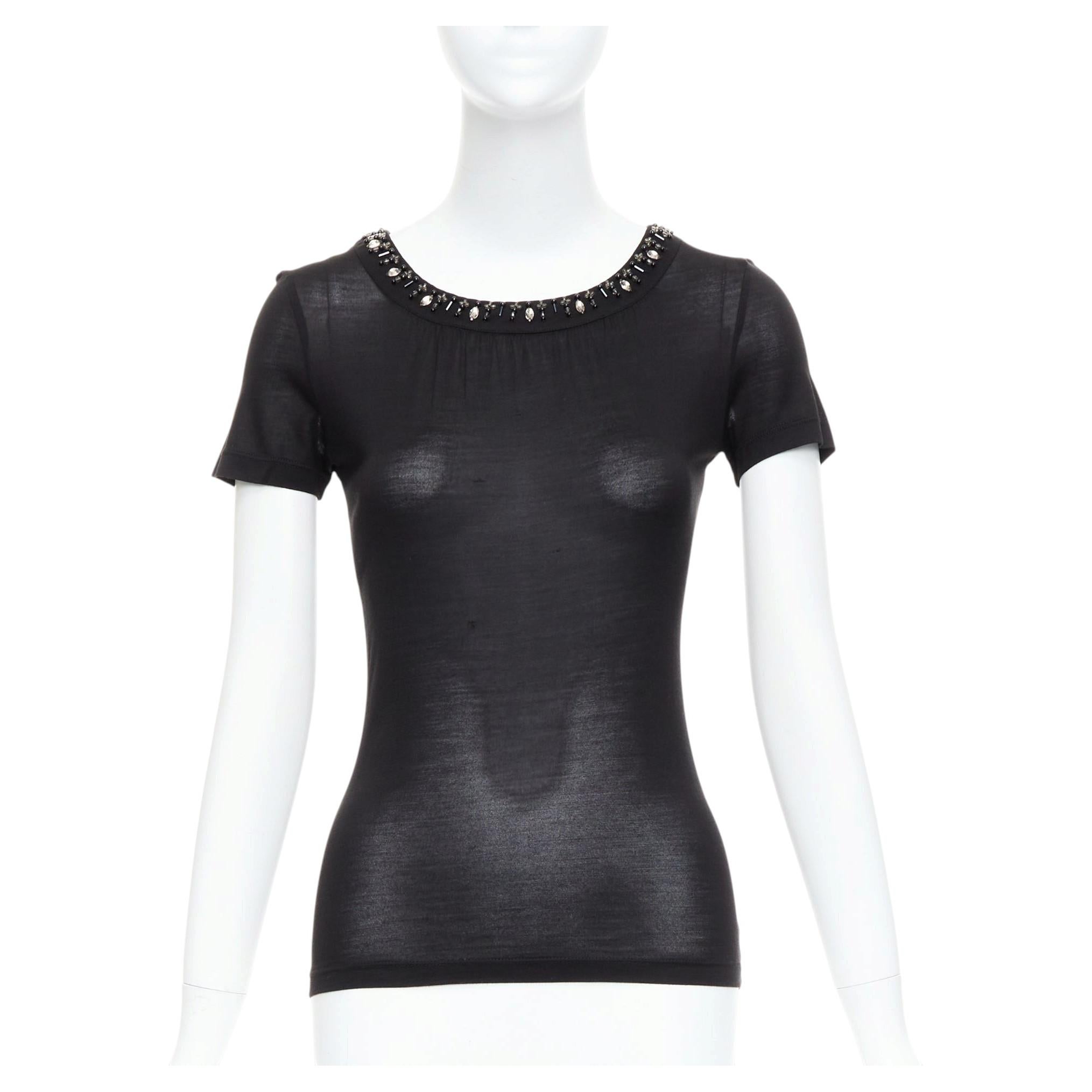 CHRISTIAN DIOR black 100% silk glass PVC beaded collar tshirt FR36 S For Sale