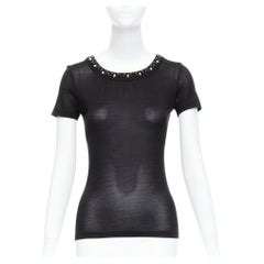CHRISTIAN DIOR black 100% silk glass PVC beaded collar tshirt FR36 S