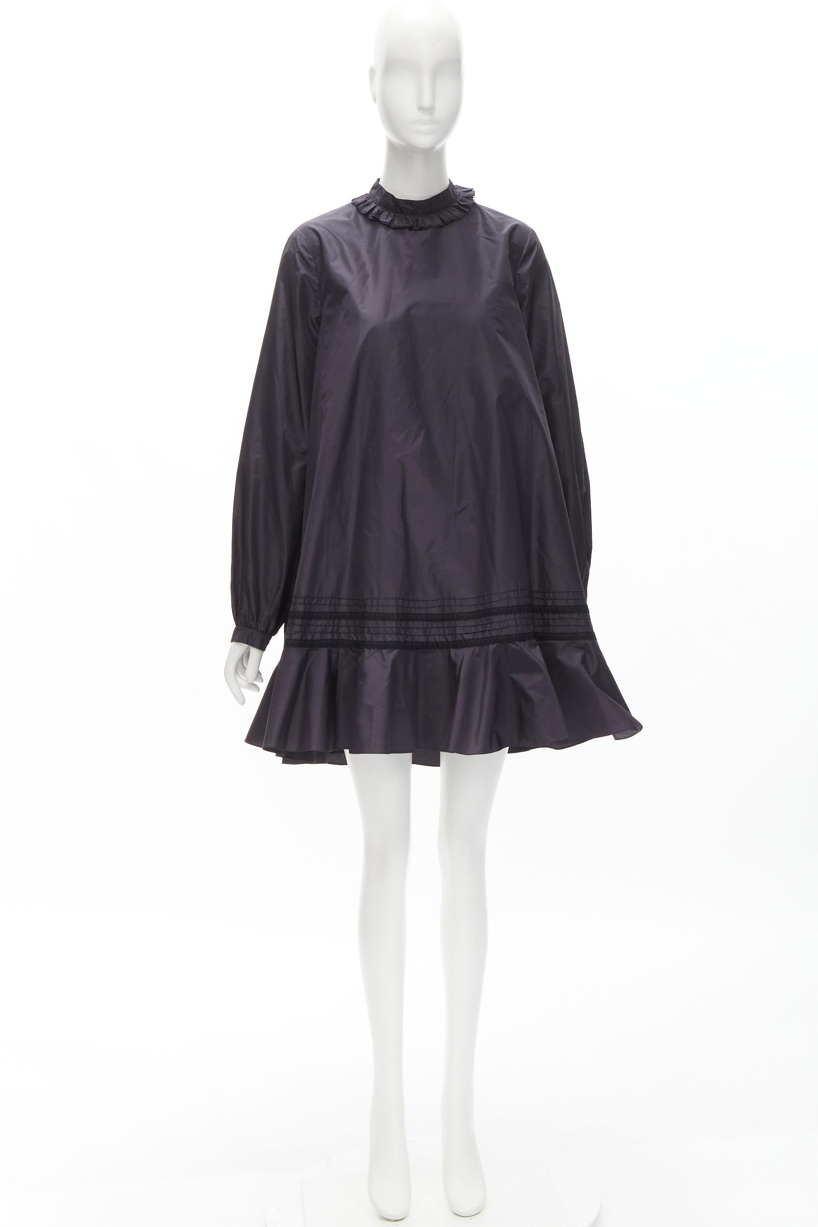 CHRISTIAN DIOR black 100% silk lace trim collar flared skirt muumuu dress FR42 L For Sale 5
