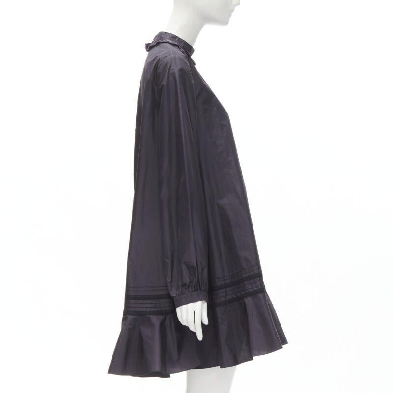 CHRISTIAN DIOR black 100% silk lace trim collar flared skirt muumuu dress FR42 L In Excellent Condition For Sale In Hong Kong, NT