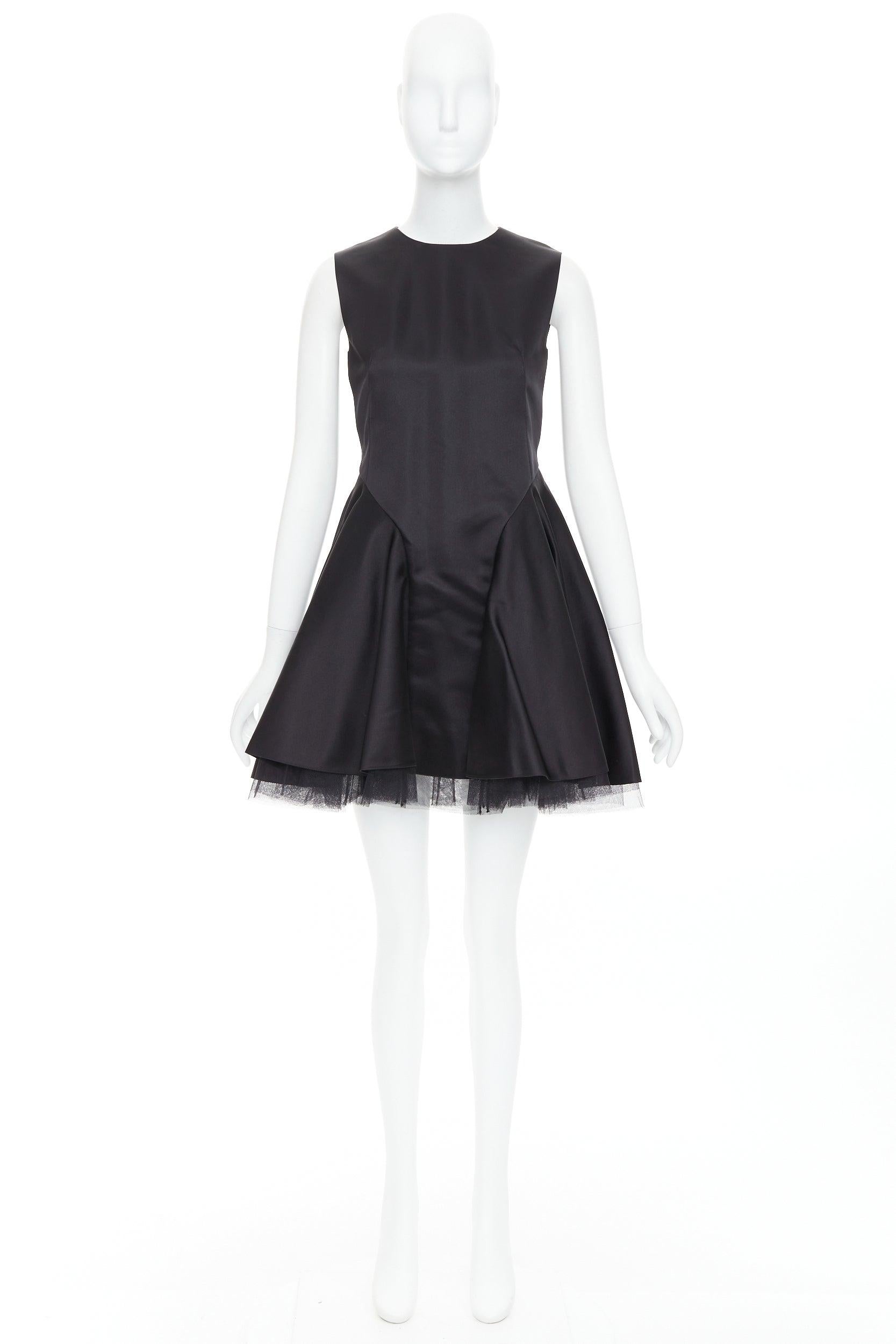 CHRISTIAN DIOR black 100% silk satin tulle hem A-line mini dress FR34 XS 4