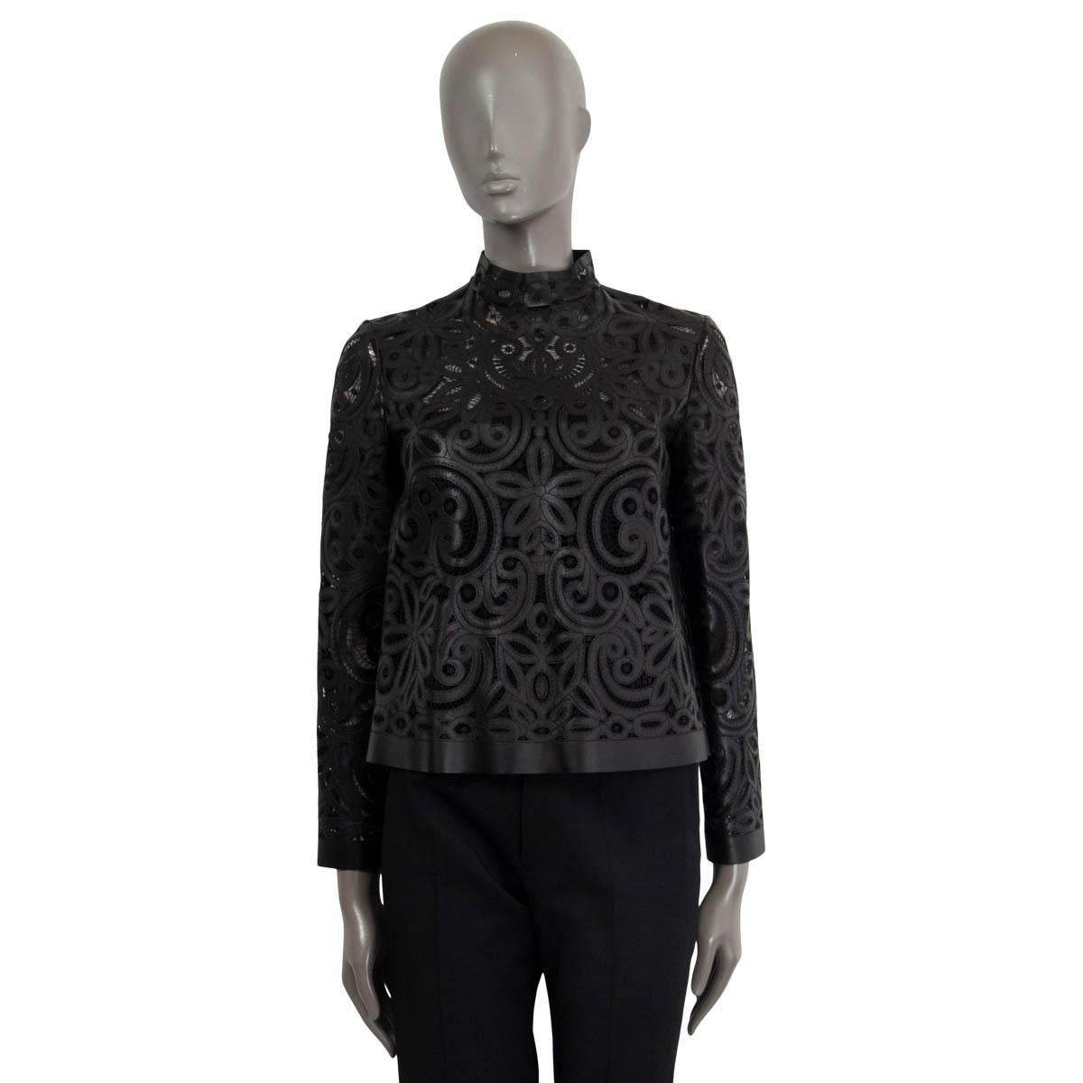 CHRISTIAN DIOR black 2019 LEATHER LACE MOCK NECK Blouse Shirt 38 S For Sale