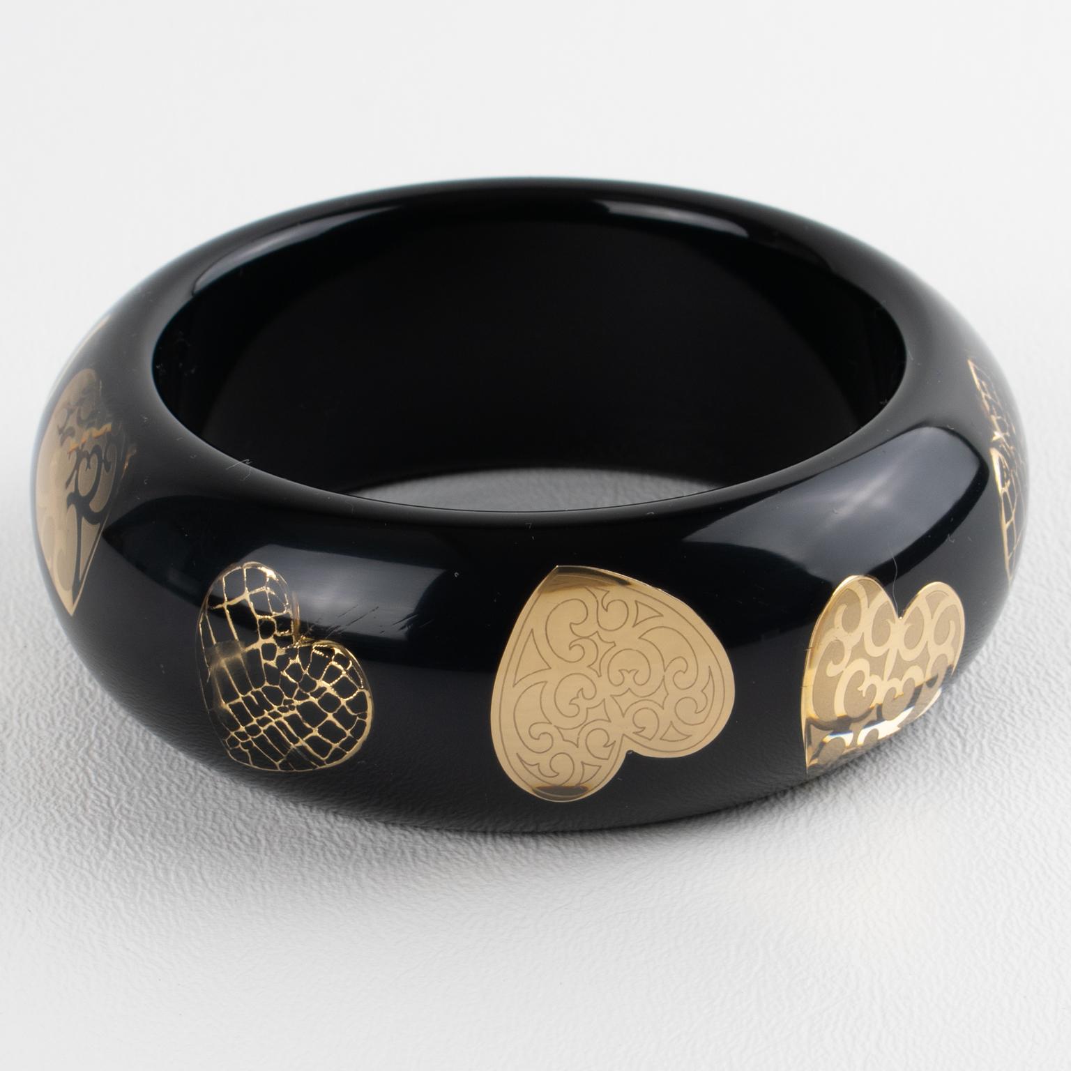 Christian Dior - Bracelet en résine acrylique noire avec cœurs dorés Unisexe en vente
