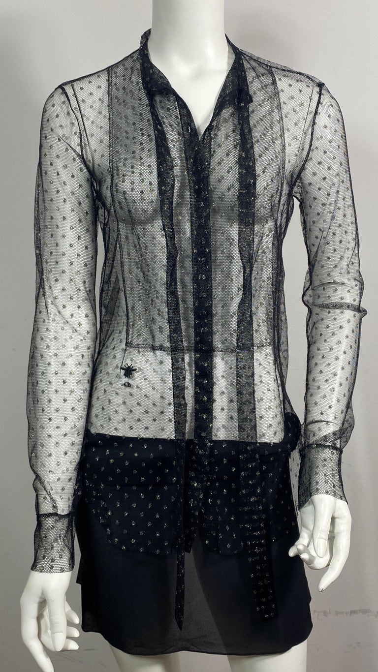 Christian Dior Black and Gold Mini Polka Dot Sheer Mesh Top - Size 