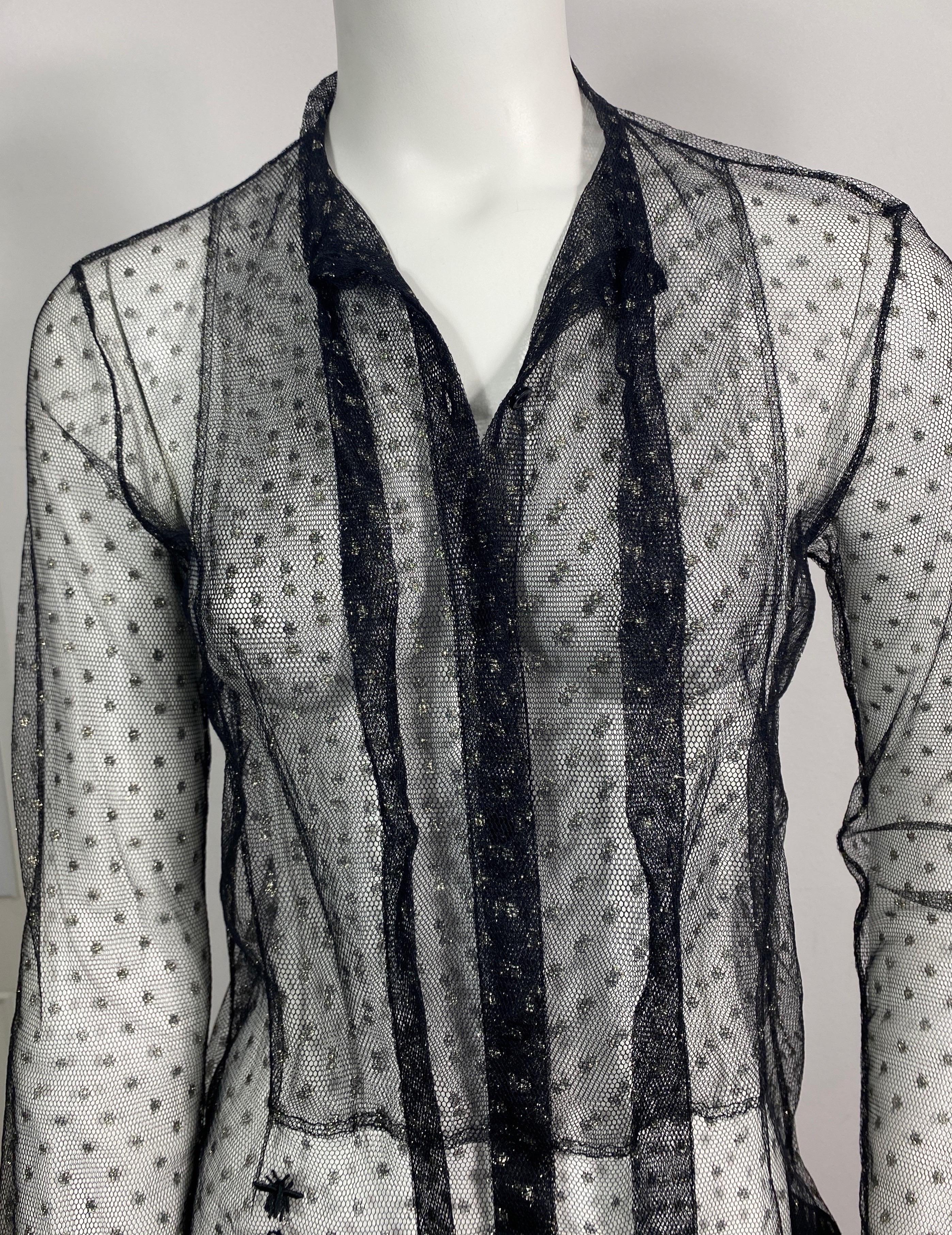 Christian Dior Black and Gold Mini Polka Dot Sheer Mesh Top - Size Small For Sale 10