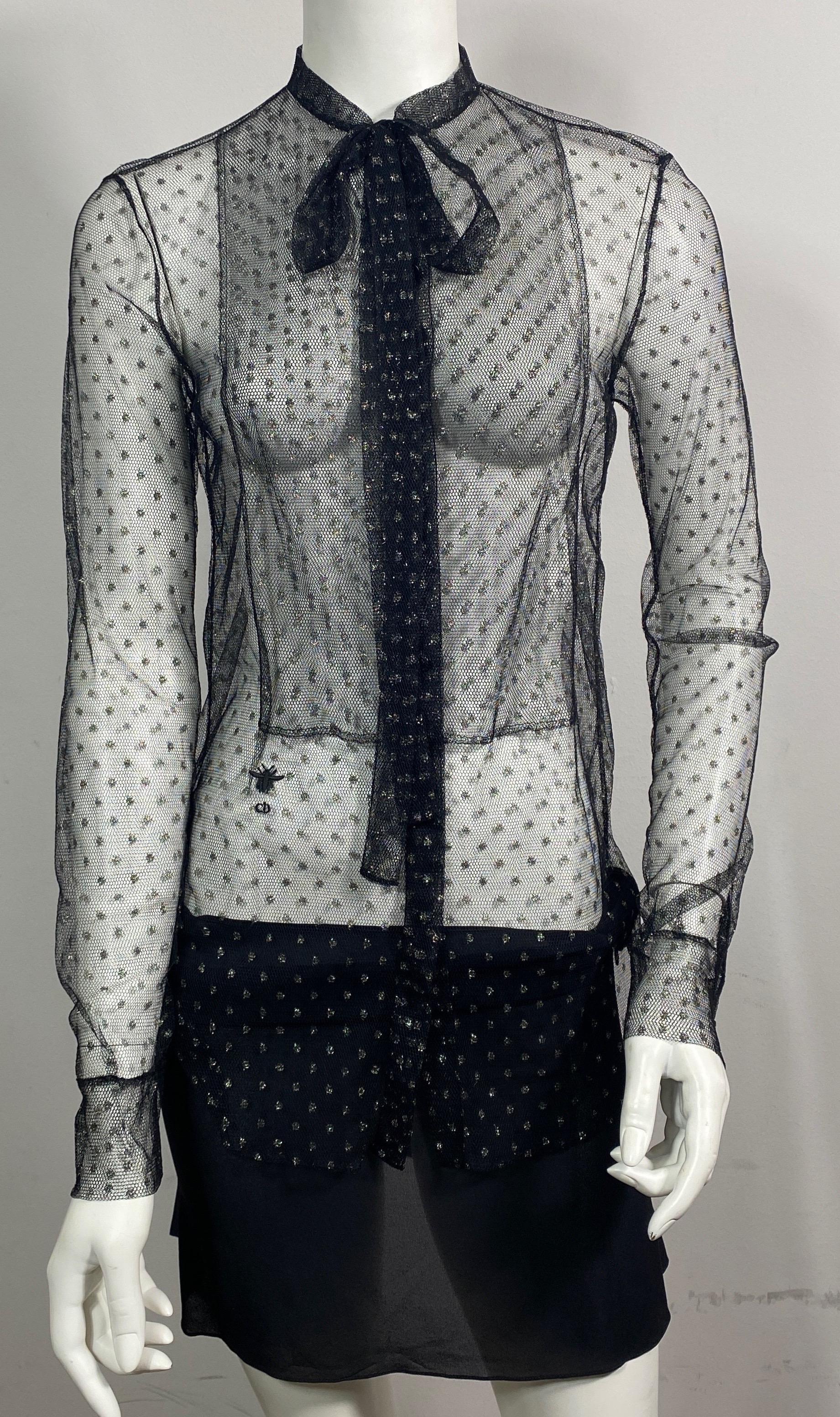 Christian Dior Black and Gold Mini Polka Dot Sheer Mesh Top - Size Small For Sale 11