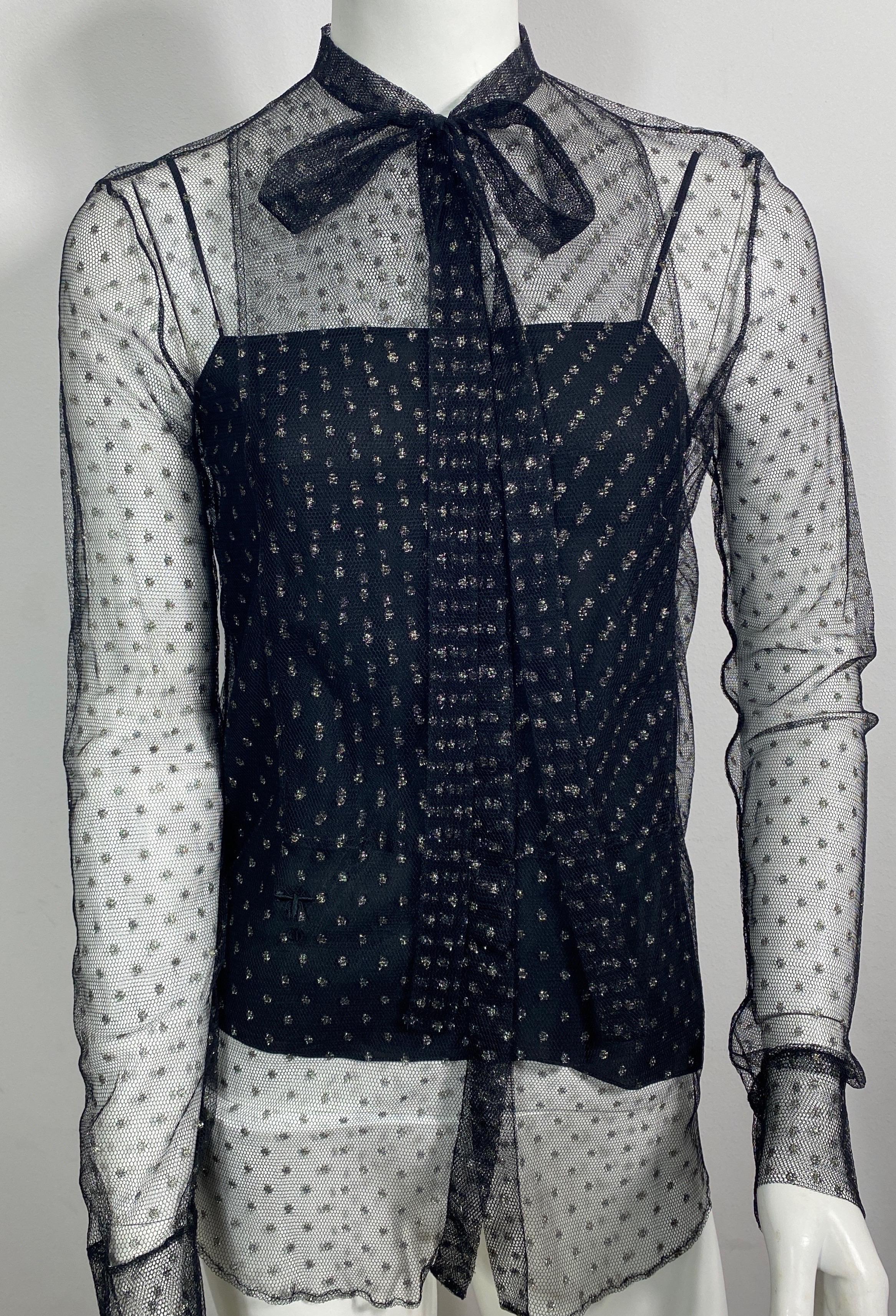 Christian Dior Black and Gold Mini Polka Dot Sheer Mesh Top - Size Small In Excellent Condition For Sale In West Palm Beach, FL