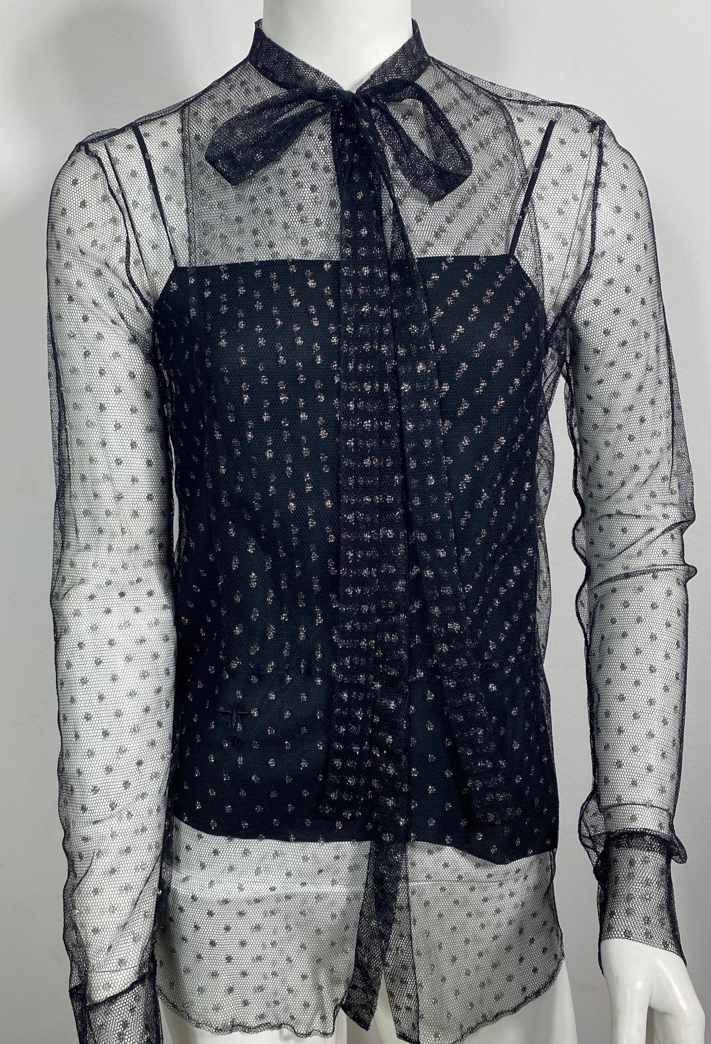 Christian Dior Mini Polka Dot Sheer Mesh Top noir et or - Taille petite Excellent état - En vente à West Palm Beach, FL