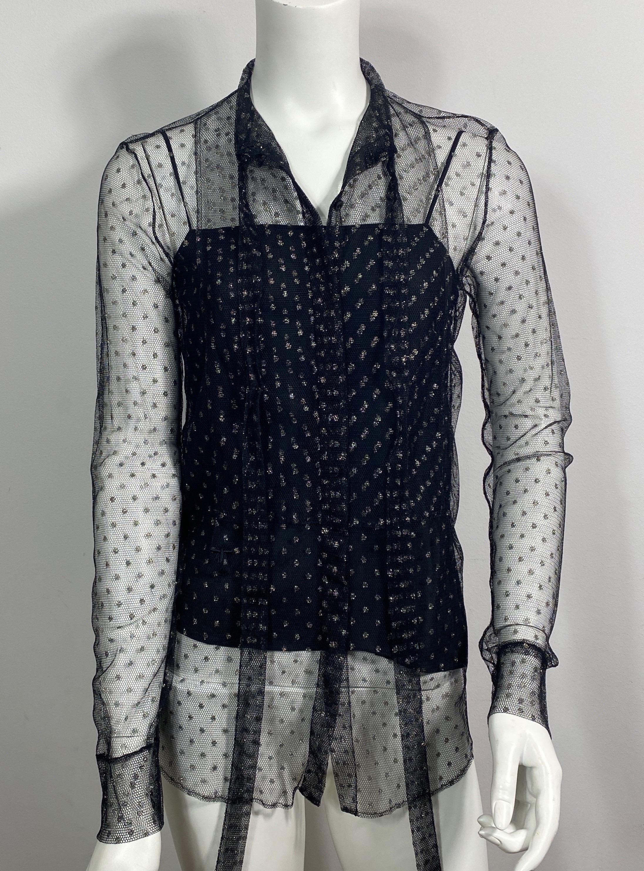 Christian Dior Black and Gold Mini Polka Dot Sheer Mesh Top - Size Small For Sale 2