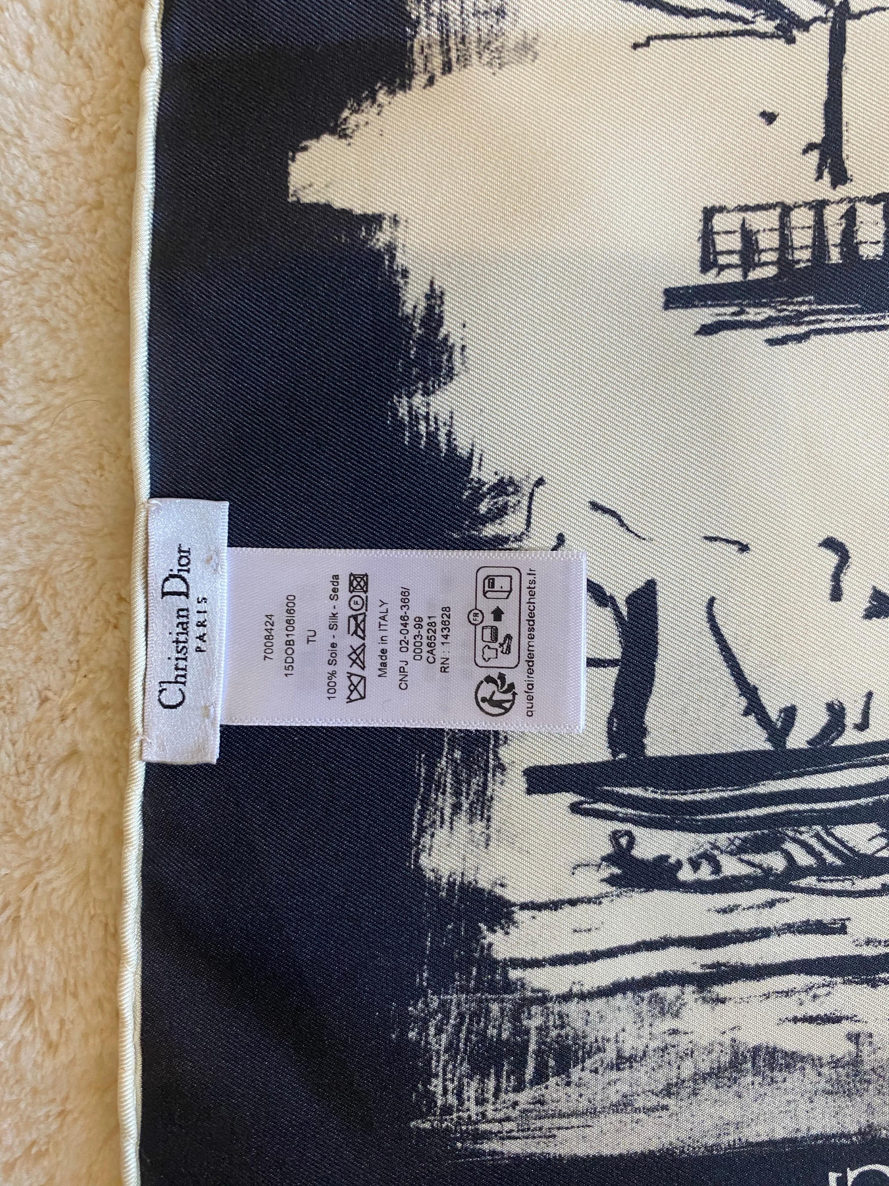 Foulard noir et blanc de Christian Dior avec détails de la Tour Eiffel. Neuf à Carnate, IT