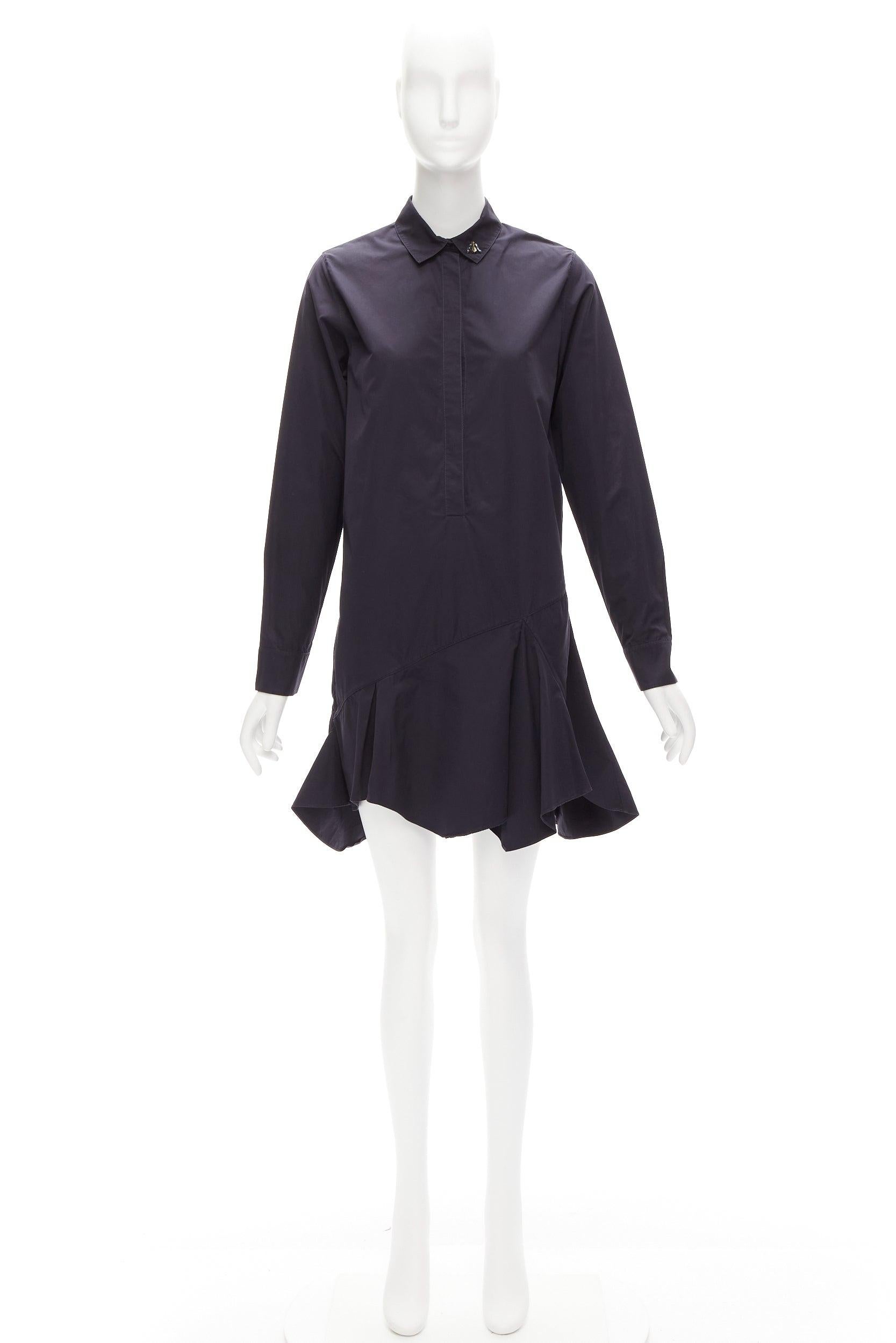 CHRISTIAN DIOR black bee crystal embellished collar ruffle hem shirt dress S For Sale 4