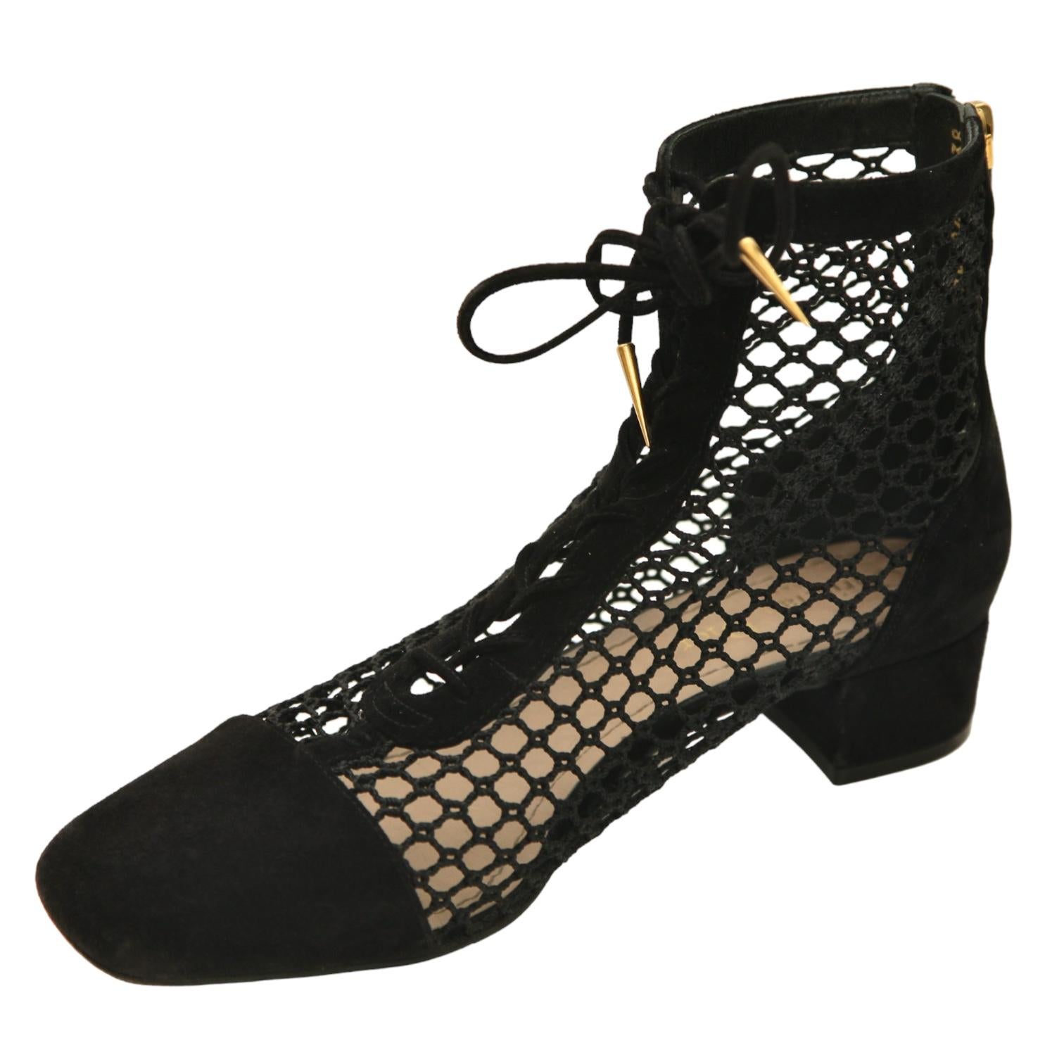 CHRISTIAN DIOR Black Boots Suede Leather NAUGHTILY-D Ankle Boot Lace Zipper 38 In Good Condition In Hollywood, FL