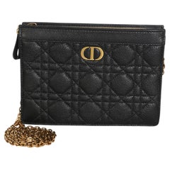 Christian Dior Black Calfskin Cannage Caro Zipped Pouch With Chain