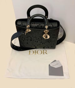 Christian Dior Black Calfskin Embroidered Macramé Effect Studs Lady Dior bag