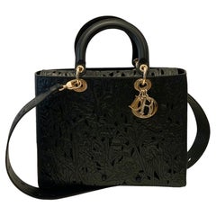 Christian Dior Black Calfskin Embroidered Macramé Effect Studs Lady Dior bag