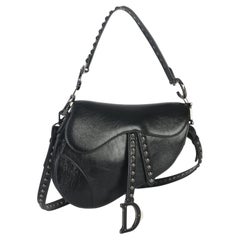 Christian Dior Black Calfskin Studded Medium Saddle Bag
