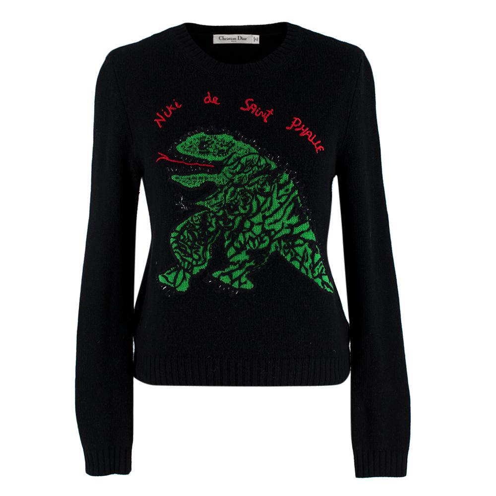 Christian Dior Runway Black Cashmere Niki de Saint Phalle Embroidered Sweater

-From the SS 18 Runway collection
-Gorgeous wool embroidered illustration by Niki de Saint Phalle  depicting a dinosaur
-Luxurious soft cashmere texture 
-Classic cut