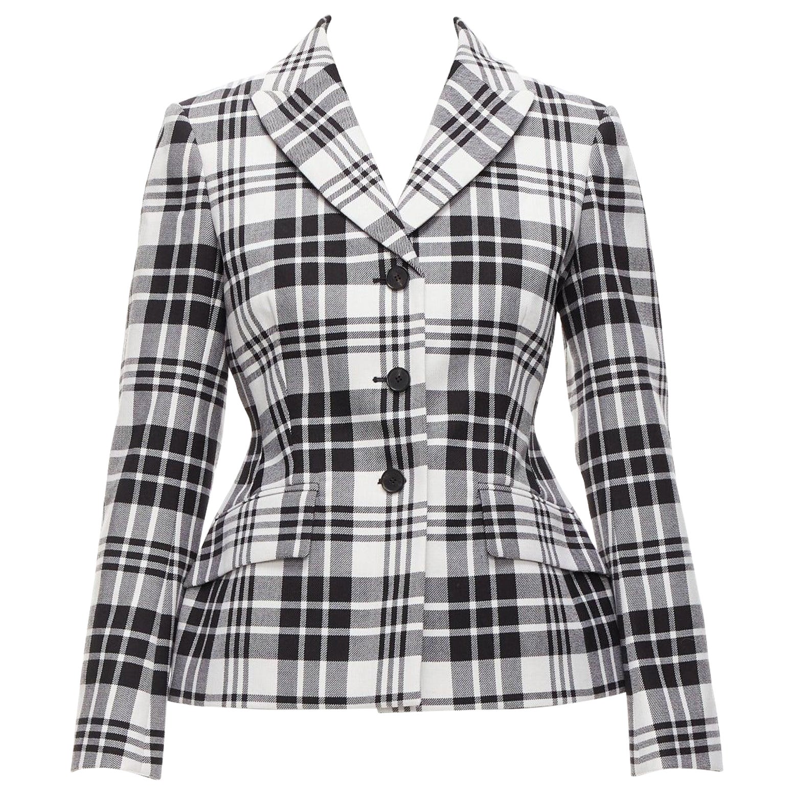 CHRISTIAN DIOR black checked virgin wool signature bar jacket blazer FR34 XS