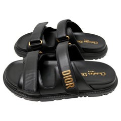 Christian Dior Black Dioract Lambskin Leather Velcro Slides