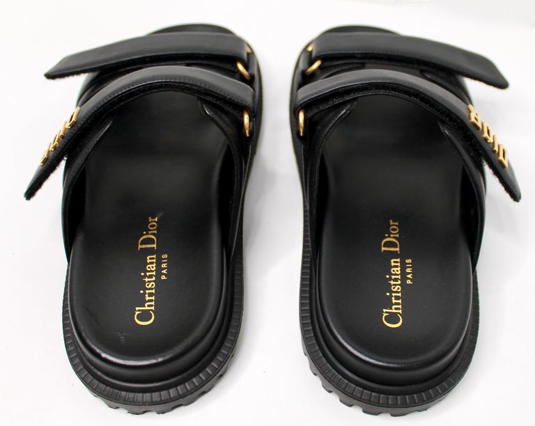 Dior Dioract Black Lambskin Velcro Sandals 37.5 Christian Dior Black Dioract Lambskin Leather Velcro Slides  main image 4