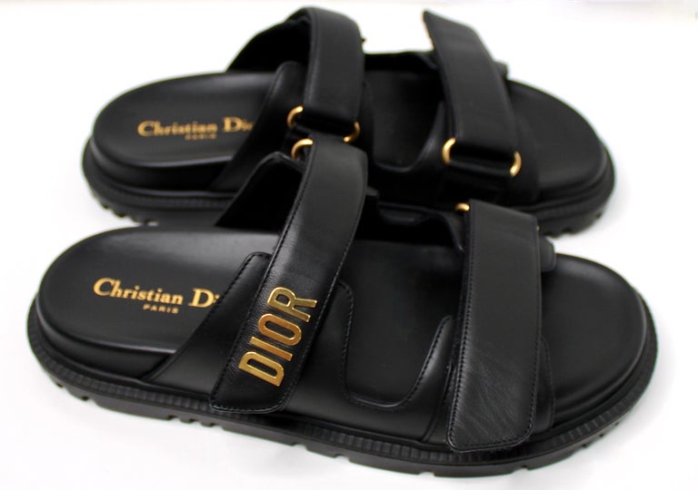 Christian Dior Black Dioract Lambskin Leather Velcro Slides  display picture 2